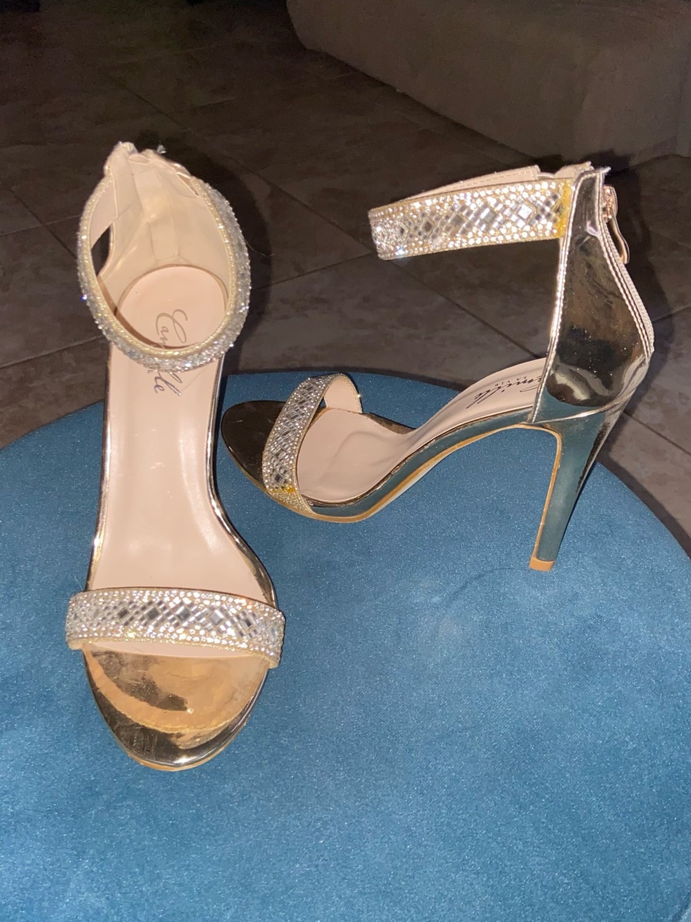 Camille La Vie Gold Crystal Ankle-Strap Stiletto Heels